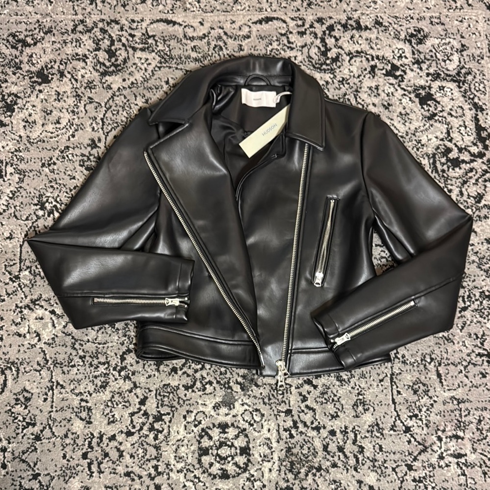 Black Vegan Leather moto Jacket with silver hardware - Picture 6 of 9
